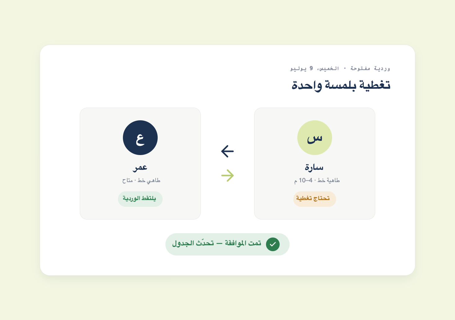 وردية شاغرة في جدولة يلتقطها طبّاخ آخر وتتم الموافقة عليها بلمسة واحدة